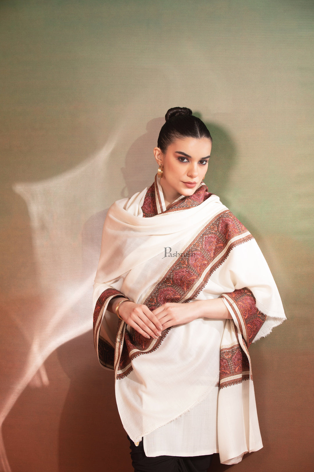 Pashtush Womens Fine Wool Shawl, Kashmiri Border Embroidery With Tilla Design, Ivory Pashtush Womens Fine Wool Shawl, Kashmiri Border Embroidery With Tilla Design, Ivory