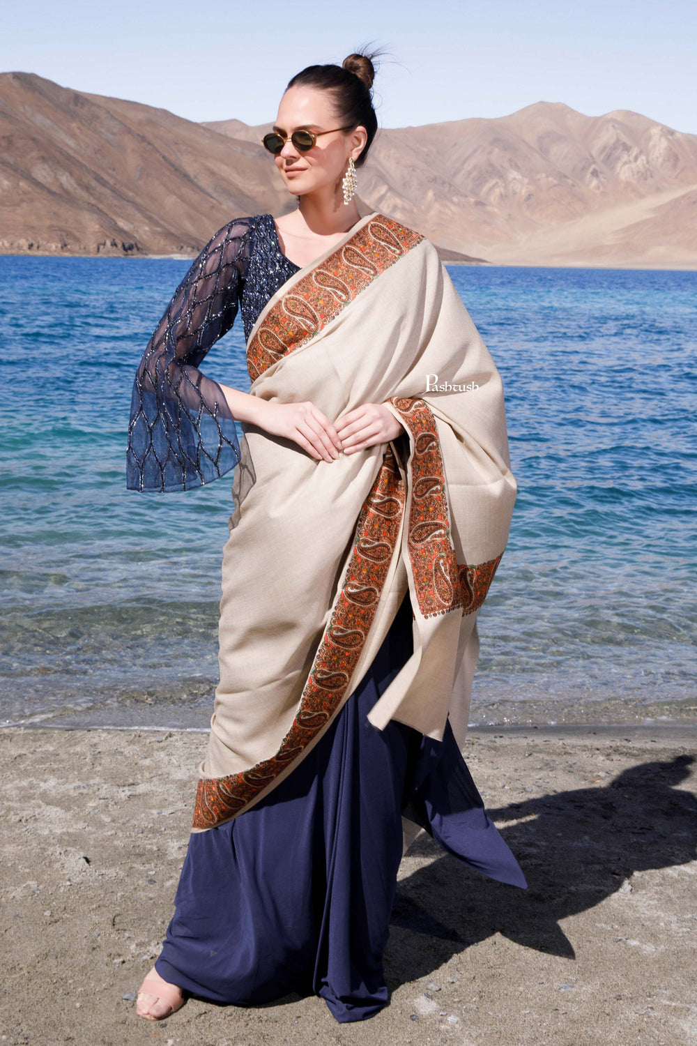 Pashtush India Womens Shawls Pashtush Womens Fine Wool Shawl, Kashmiri Embroidery, Ambi Daur With Metallic Border Design, Beige