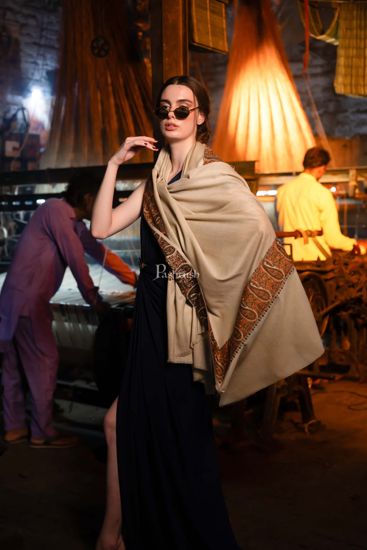 Pashtush India Womens Shawls Pashtush Womens Fine Wool Shawl, Kashmiri Embroidery, Ambi Daur With Metallic Border Design, Beige