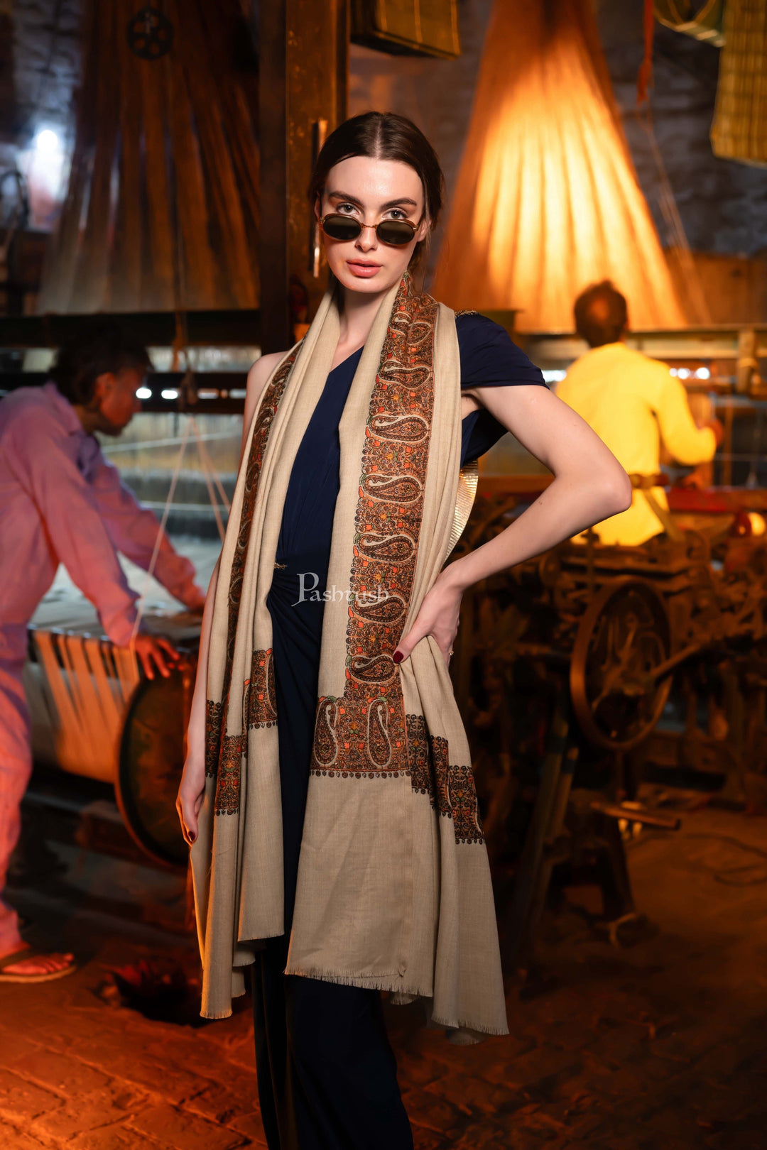 Pashtush India Womens Shawls Pashtush Womens Fine Wool Shawl, Kashmiri Embroidery, Ambi Daur With Metallic Border Design, Beige