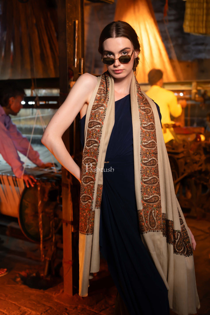 Pashtush India Womens Shawls Pashtush Womens Fine Wool Shawl, Kashmiri Embroidery, Ambi Daur With Metallic Border Design, Beige