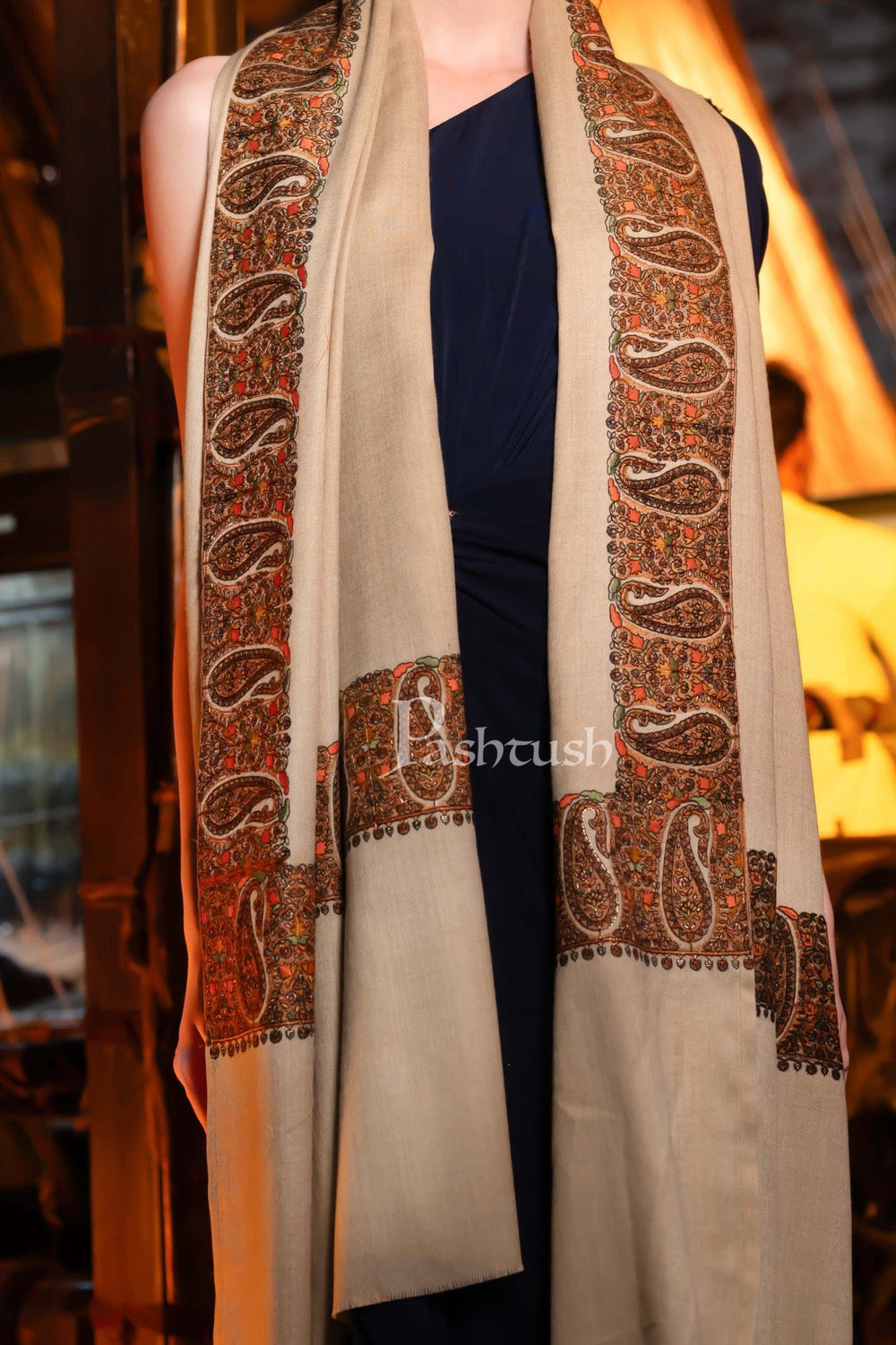 Pashtush India Womens Shawls Pashtush Womens Fine Wool Shawl, Kashmiri Embroidery, Ambi Daur With Metallic Border Design, Beige