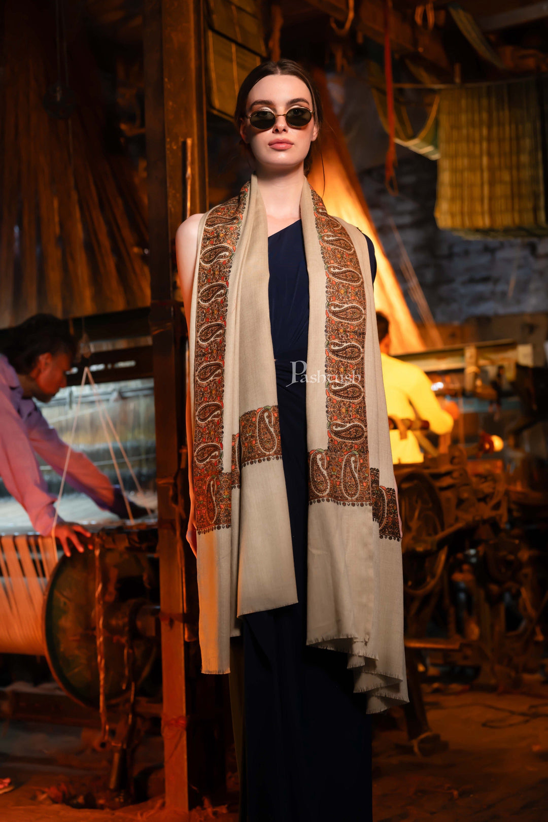 Pashtush India Womens Shawls Pashtush Womens Fine Wool Shawl, Kashmiri Embroidery, Ambi Daur With Metallic Border Design, Beige