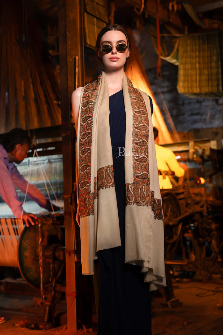 Pashtush India Womens Shawls Pashtush Womens Fine Wool Shawl, Kashmiri Embroidery, Ambi Daur With Metallic Border Design, Beige