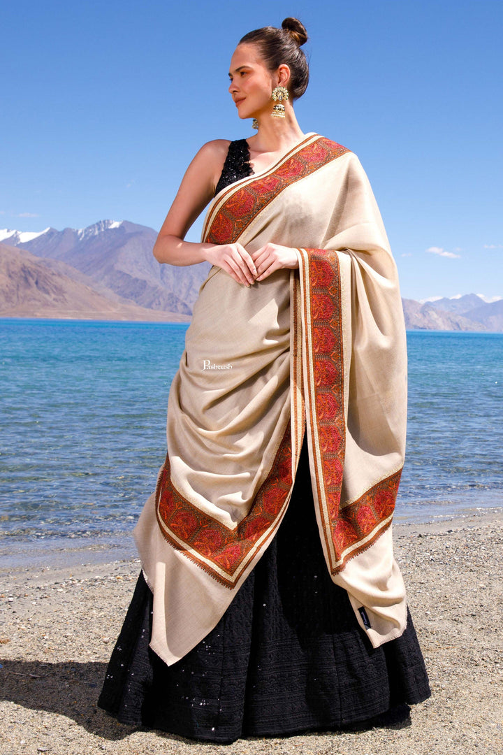 Pashtush India Womens Shawls Pashtush Womens Fine Wool Shawl, Kashmiri Embroidery, Challa Daur With Metallic Border Design, Beige