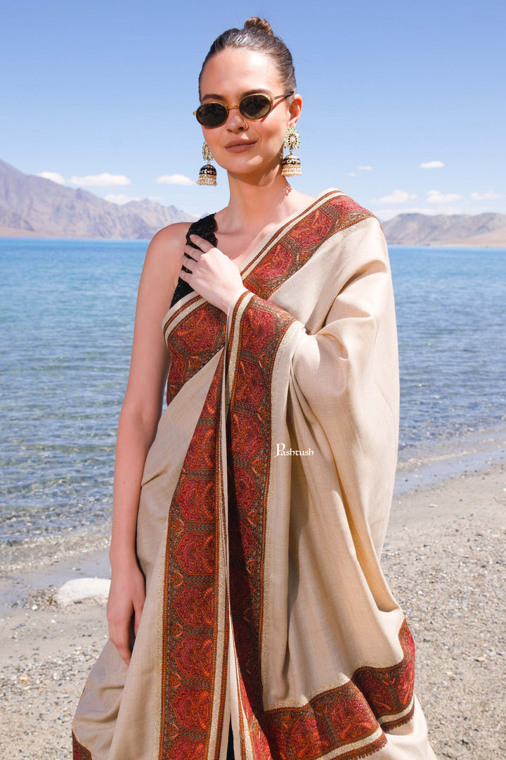 Pashtush India Womens Shawls Pashtush Womens Fine Wool Shawl, Kashmiri Embroidery, Challa Daur With Metallic Border Design, Beige