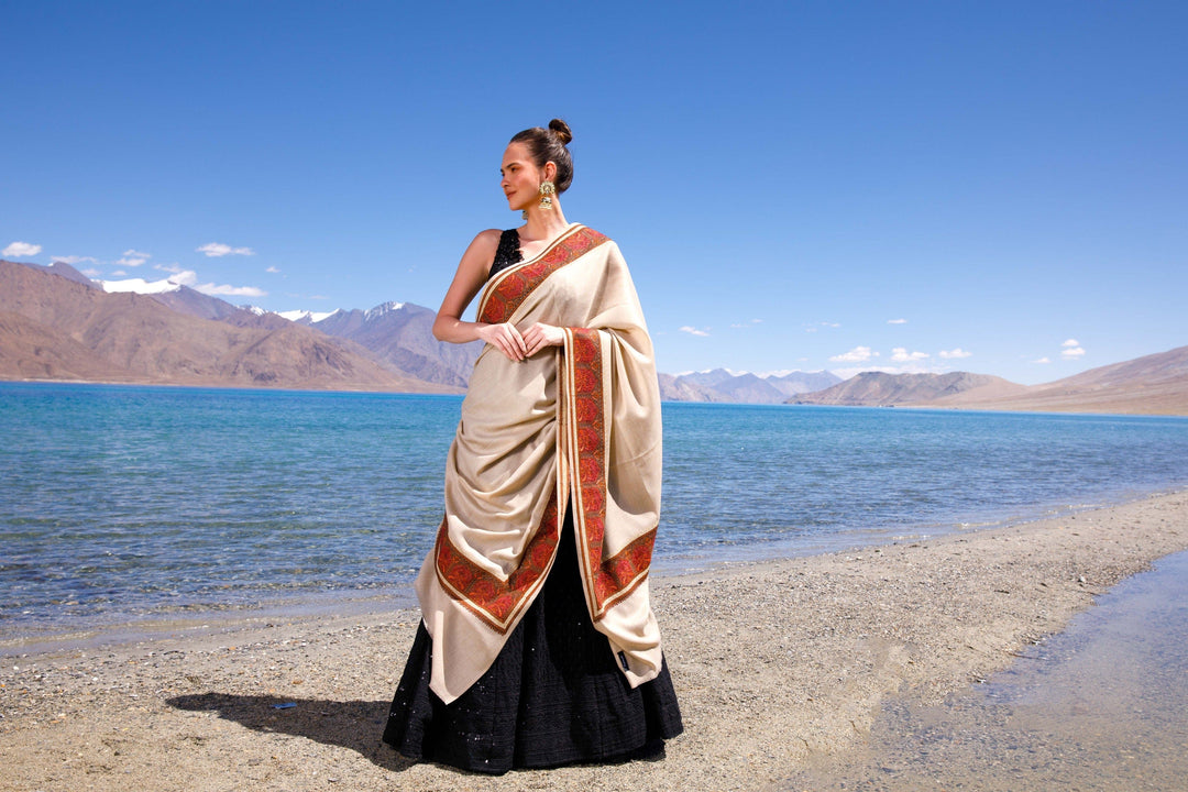 Pashtush India Womens Shawls Pashtush Womens Fine Wool Shawl, Kashmiri Embroidery, Challa Daur With Metallic Border Design, Beige