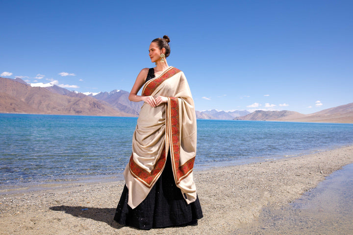 Pashtush India Womens Shawls Pashtush Womens Fine Wool Shawl, Kashmiri Embroidery, Challa Daur With Metallic Border Design, Beige