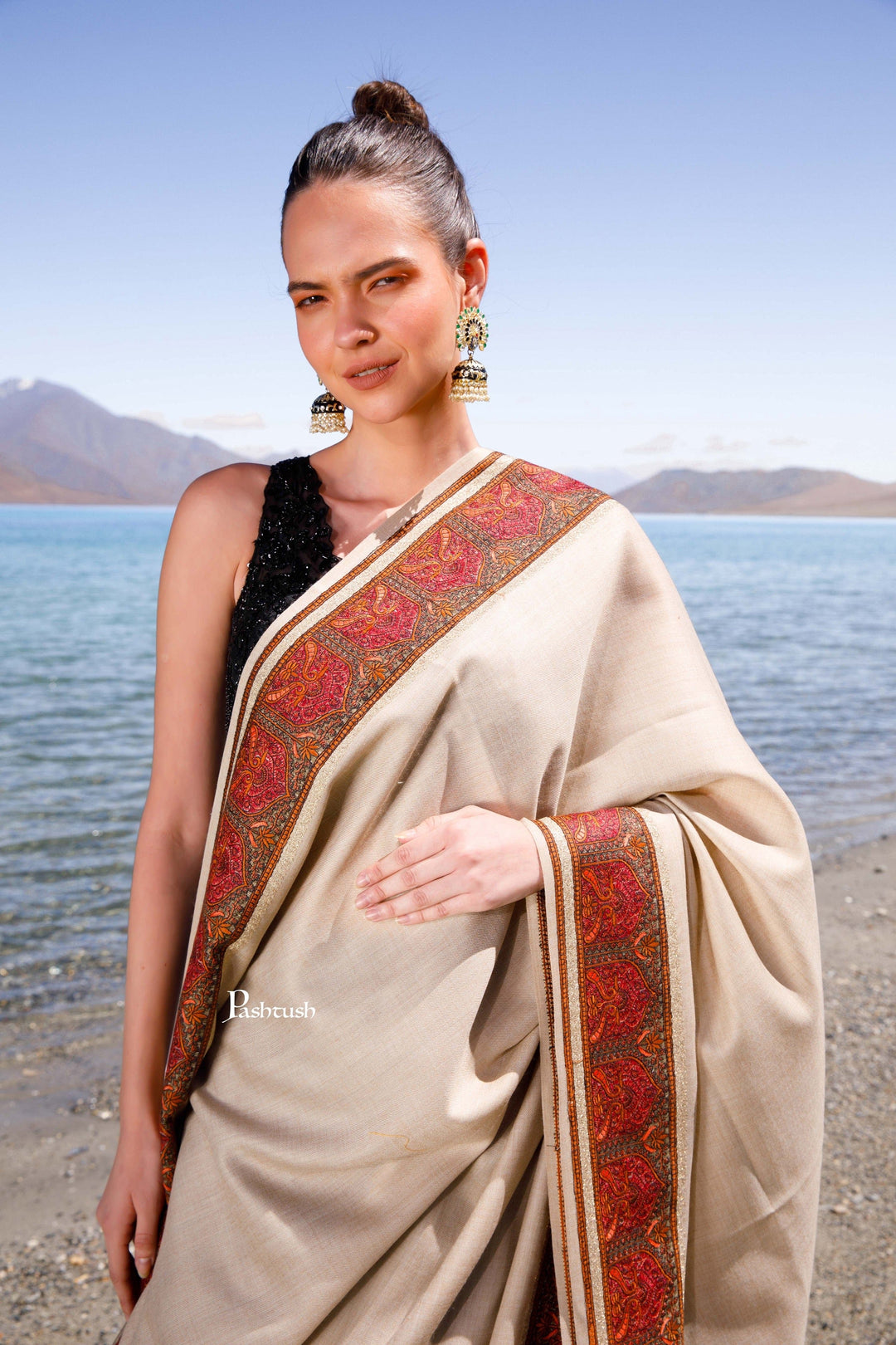 Pashtush India Womens Shawls Pashtush Womens Fine Wool Shawl, Kashmiri Embroidery, Challa Daur With Metallic Border Design, Beige