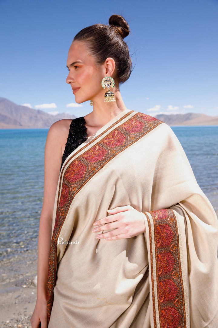 Pashtush India Womens Shawls Pashtush Womens Fine Wool Shawl, Kashmiri Embroidery, Challa Daur With Metallic Border Design, Beige