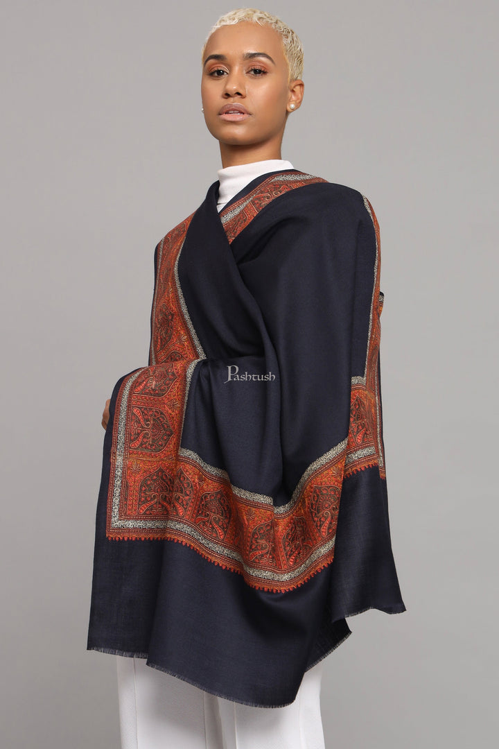 Pashtush India Womens Shawls Pashtush Womens Fine Wool Shawl, Kashmiri Embroidery, Challa Daur With Metallic Border Design, Navy Blue