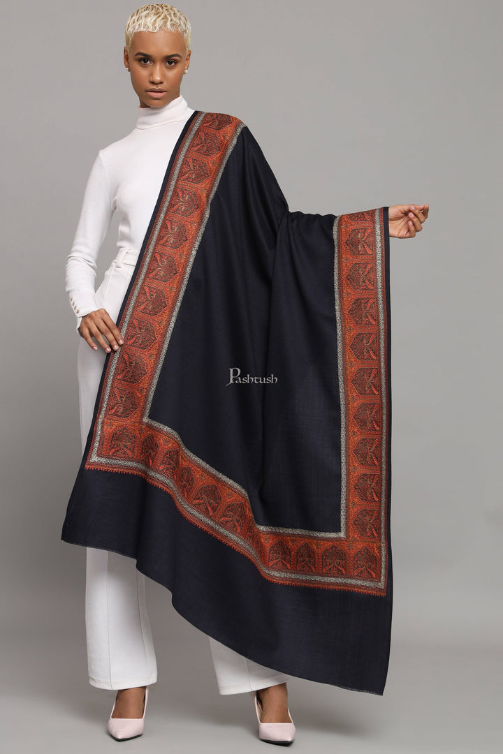 Pashtush India Womens Shawls Pashtush Womens Fine Wool Shawl, Kashmiri Embroidery, Challa Daur With Metallic Border Design, Navy Blue