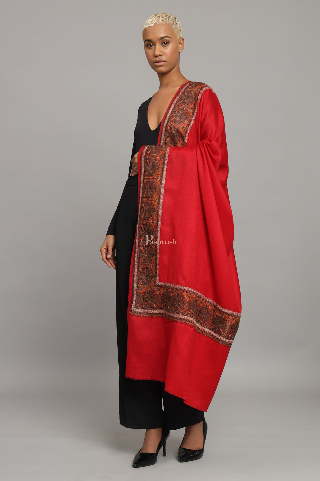 Pashtush India Womens Shawls Pashtush Womens Fine Wool Shawl, Kashmiri Embroidery, Challa Daur With Metallic Border Design, Red