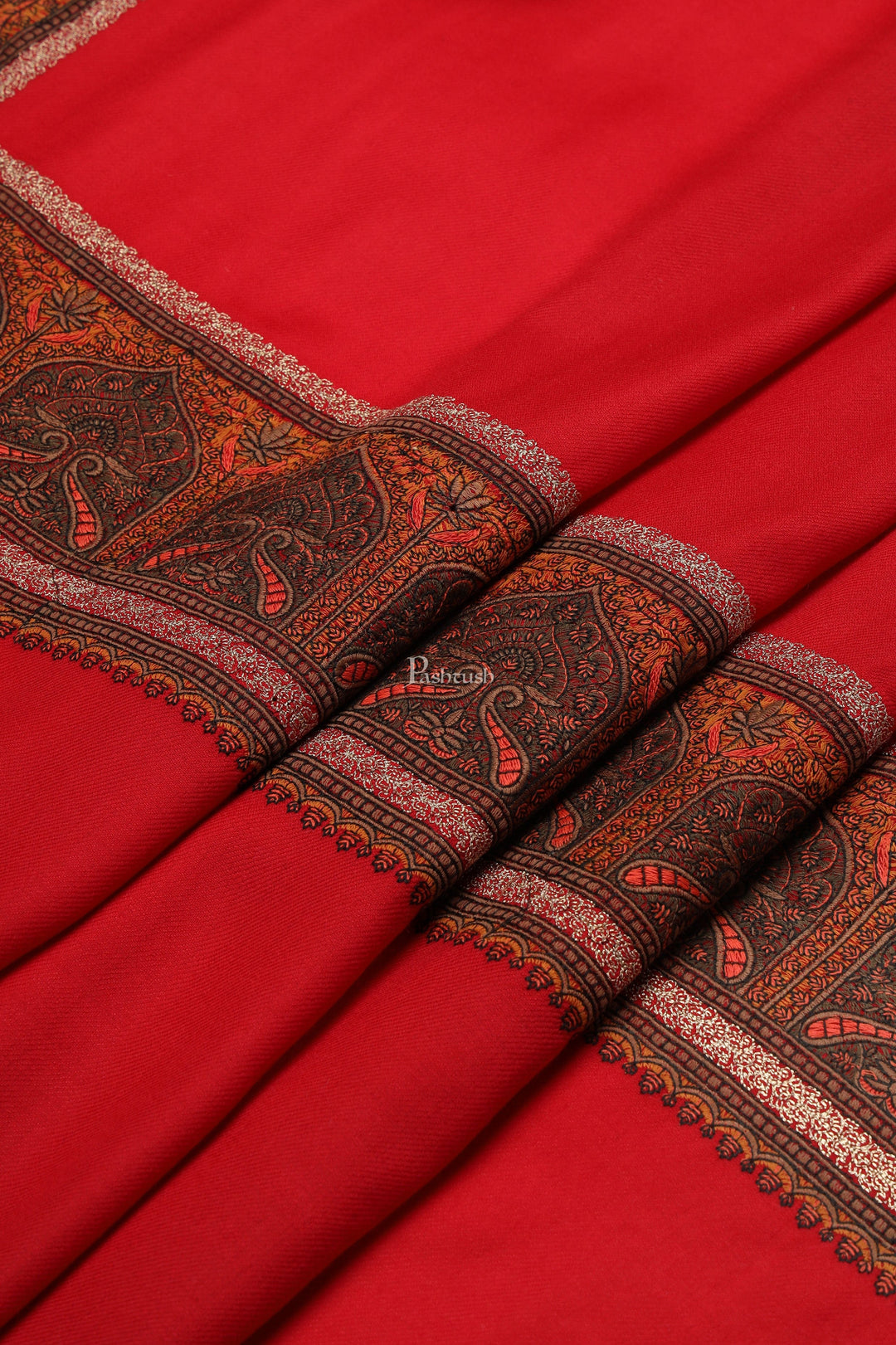 Pashtush India Womens Shawls Pashtush Womens Fine Wool Shawl, Kashmiri Embroidery, Challa Daur With Metallic Border Design, Red