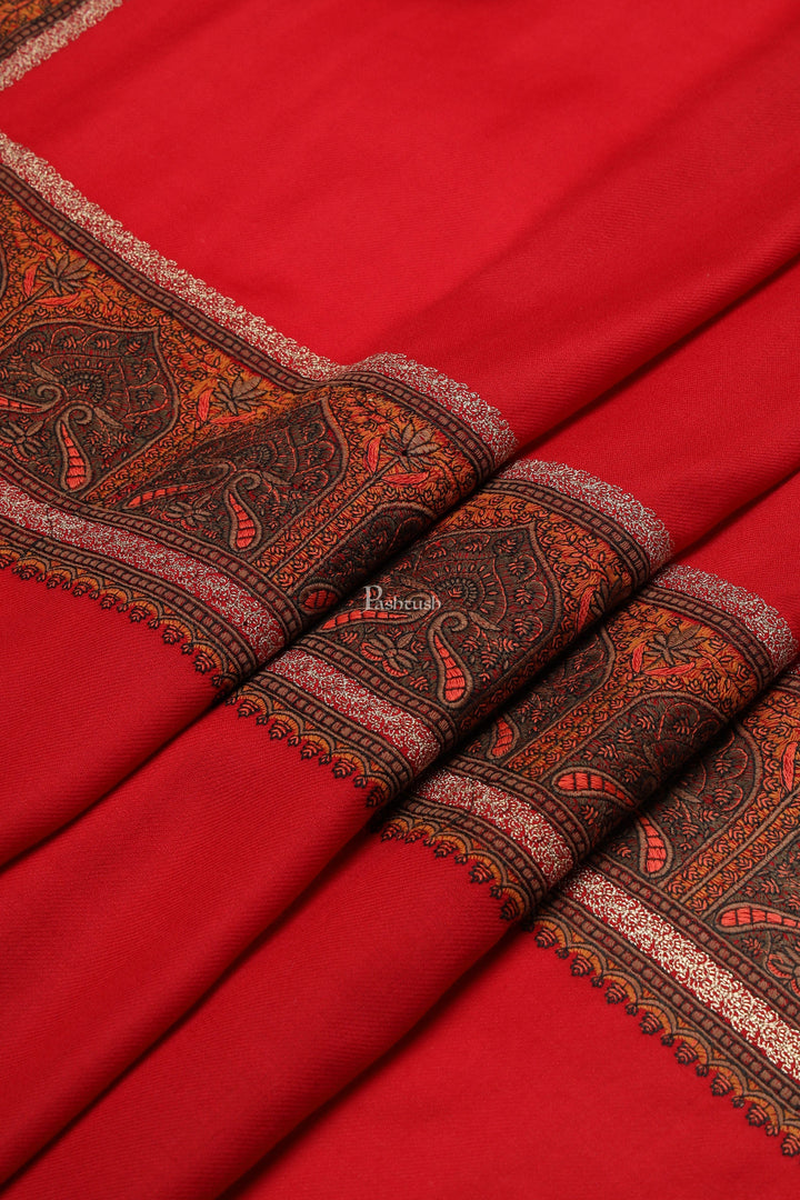 Pashtush India Womens Shawls Pashtush Womens Fine Wool Shawl, Kashmiri Embroidery, Challa Daur With Metallic Border Design, Red