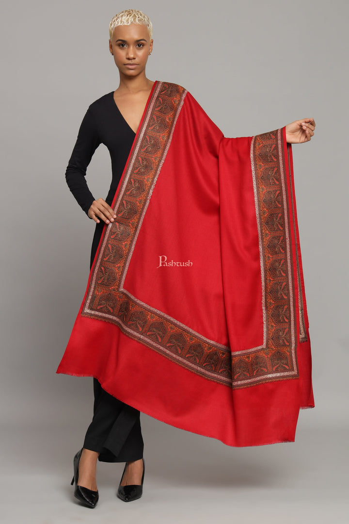 Pashtush India Womens Shawls Pashtush Womens Fine Wool Shawl, Kashmiri Embroidery, Challa Daur With Metallic Border Design, Red