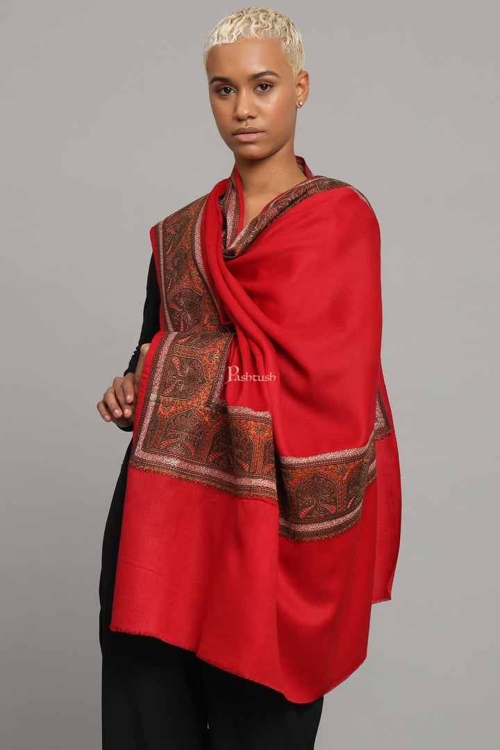 Pashtush India Womens Shawls Pashtush Womens Fine Wool Shawl, Kashmiri Embroidery, Challa Daur With Metallic Border Design, Red