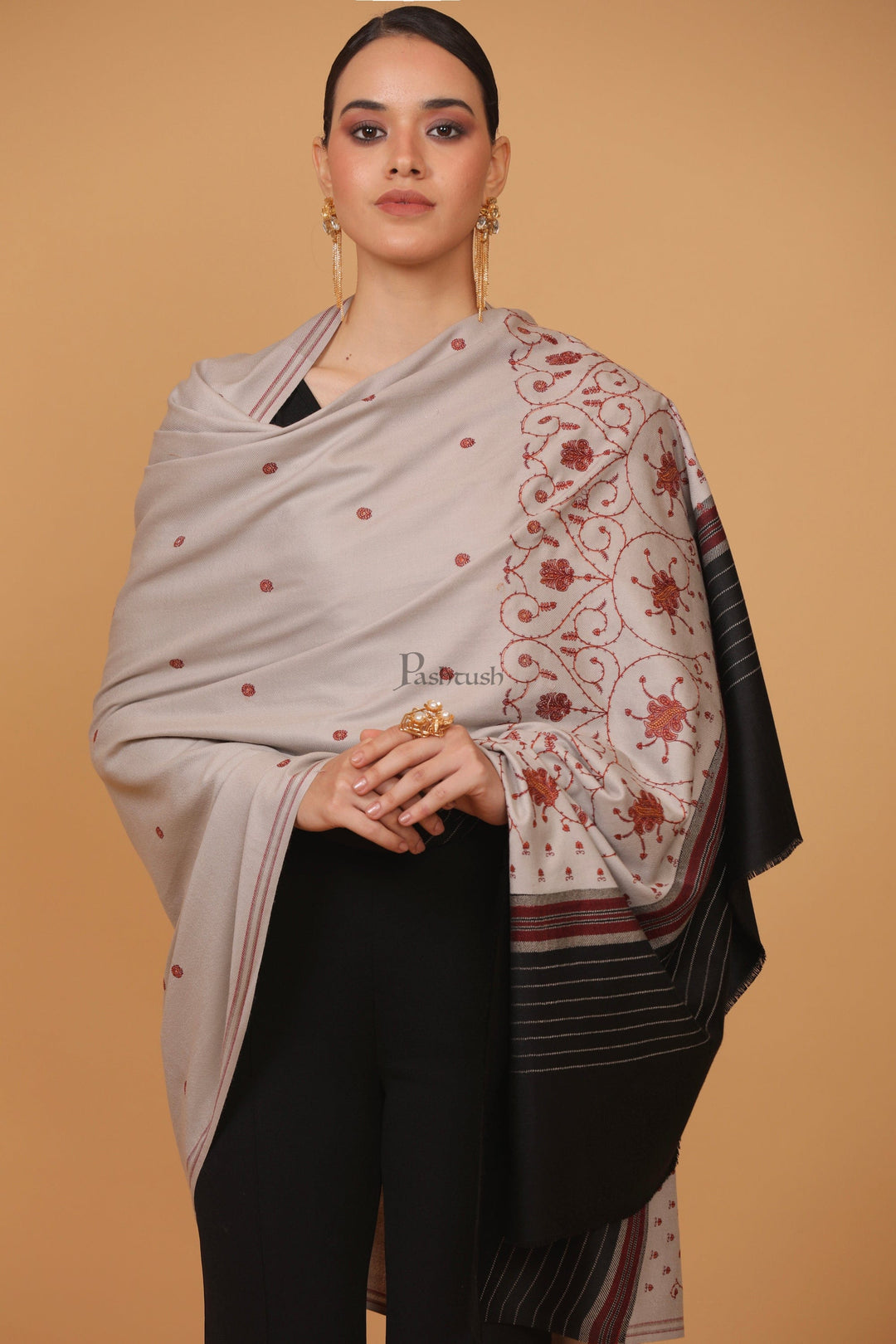 Pashtush India Womens Stoles and Scarves Scarf Pashtush womens Fine Wool shawl, kashmiri embroidery design, Dark Grey