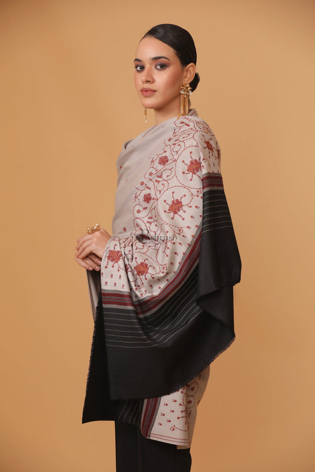 Pashtush India Womens Stoles and Scarves Scarf Pashtush womens Fine Wool shawl, kashmiri embroidery design, Dark Grey