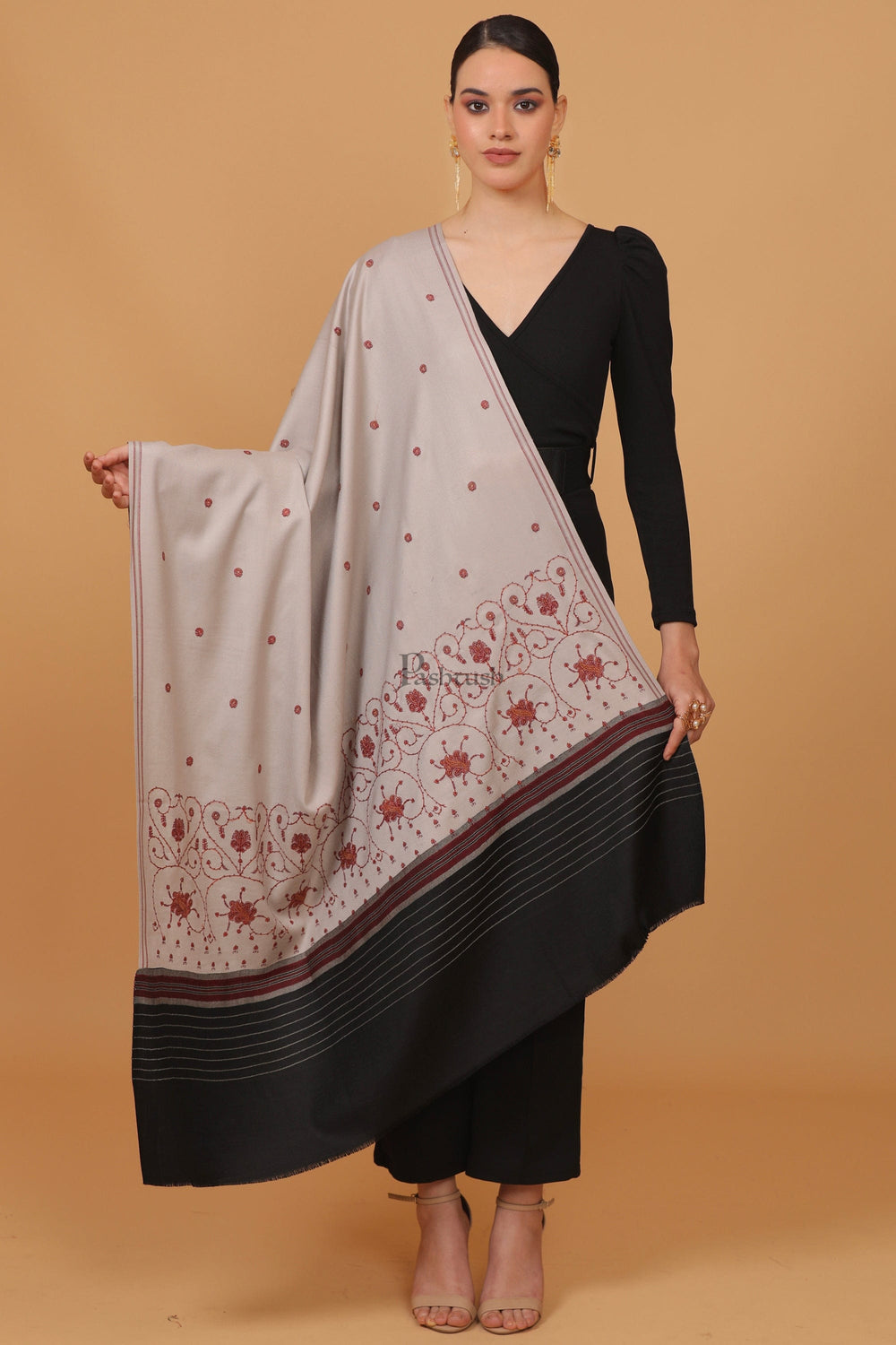 Pashtush India Womens Stoles and Scarves Scarf Pashtush womens Fine Wool shawl, kashmiri embroidery design, Dark Grey