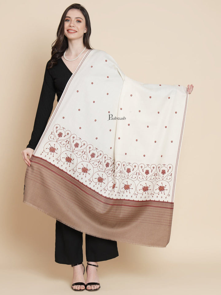 Pashtush India Womens Stoles and Scarves Scarf Pashtush womens Fine Wool shawl, kashmiri embroidery design, Ivory