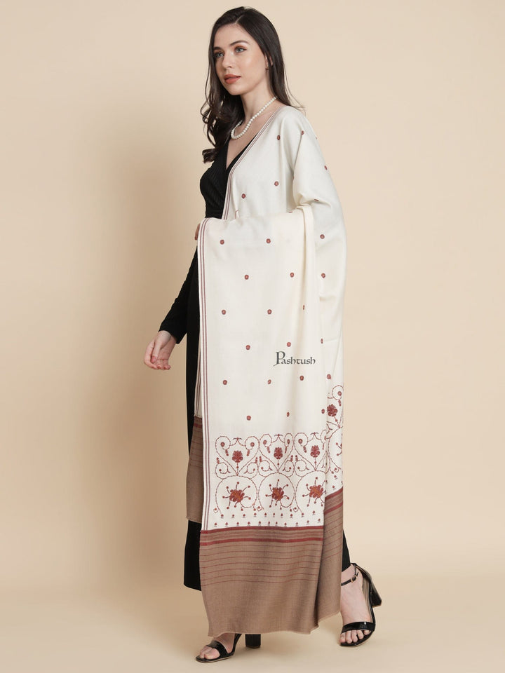 Pashtush India Womens Stoles and Scarves Scarf Pashtush womens Fine Wool shawl, kashmiri embroidery design, Ivory