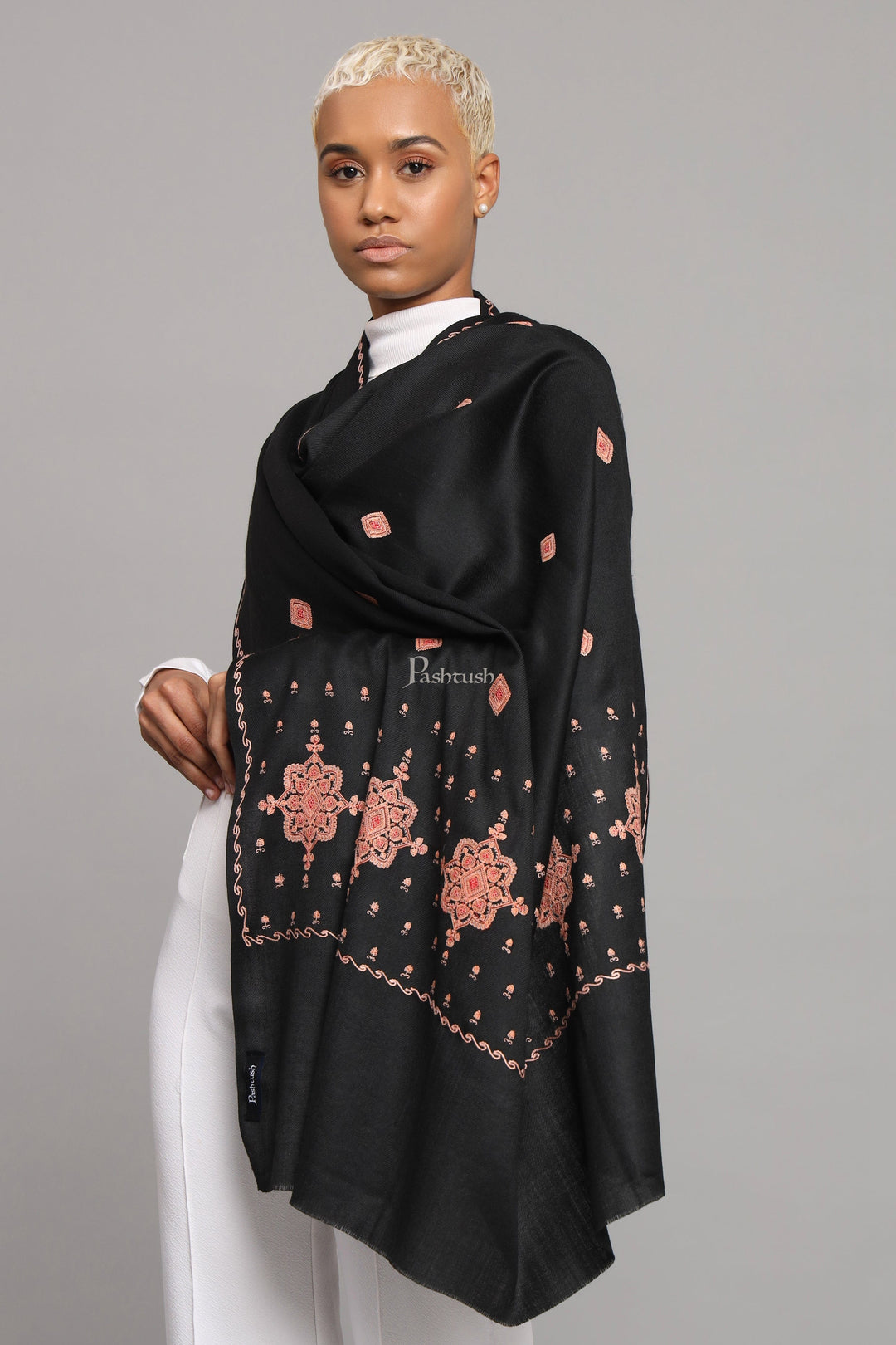 Pashtush India Womens Shawls Pashtush Womens Fine Wool Shawl, Kashmiri Embroidery Palla Design, Black