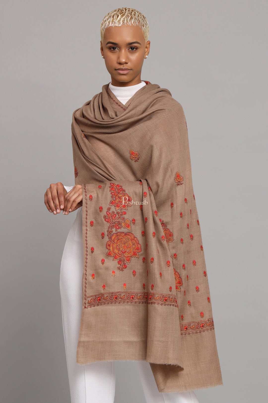 Pashtush India Womens Shawls Pashtush Womens Fine Wool Shawl, Kashmiri Embroidery Palla Design, Taupe
