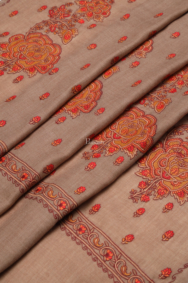 Pashtush India Womens Shawls Pashtush Womens Fine Wool Shawl, Kashmiri Embroidery Palla Design, Taupe