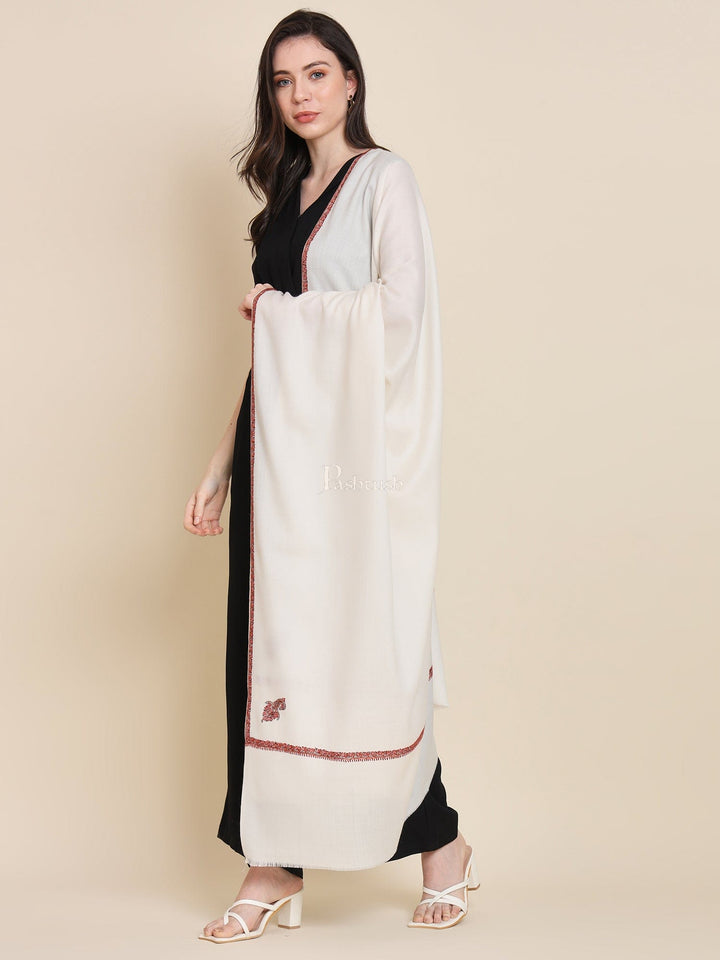 Pashtush India Womens Shawls Pashtush Womens Fine Wool Shawl, Kashmiri Hand Embroidered Kingri Design, Ivory