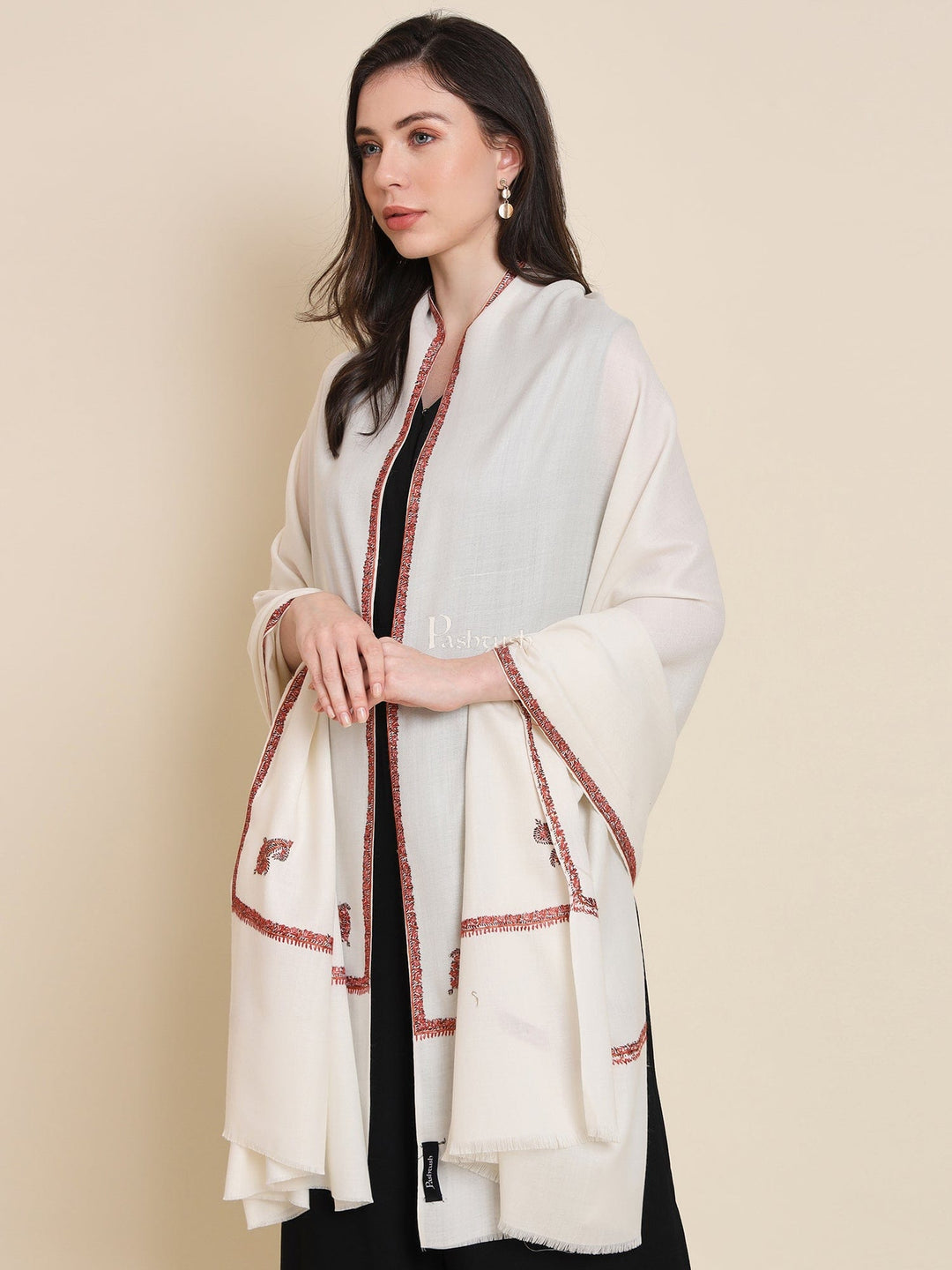 Pashtush India Womens Shawls Pashtush Womens Fine Wool Shawl, Kashmiri Hand Embroidered Kingri Design, Ivory
