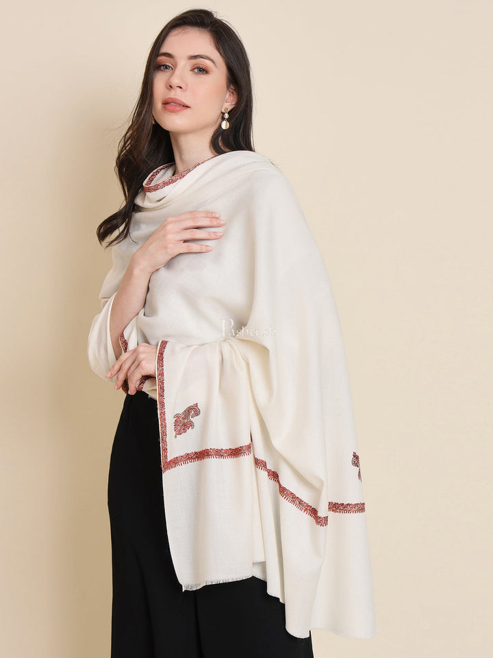 Pashtush India Womens Shawls Pashtush Womens Fine Wool Shawl, Kashmiri Hand Embroidered Kingri Design, Ivory