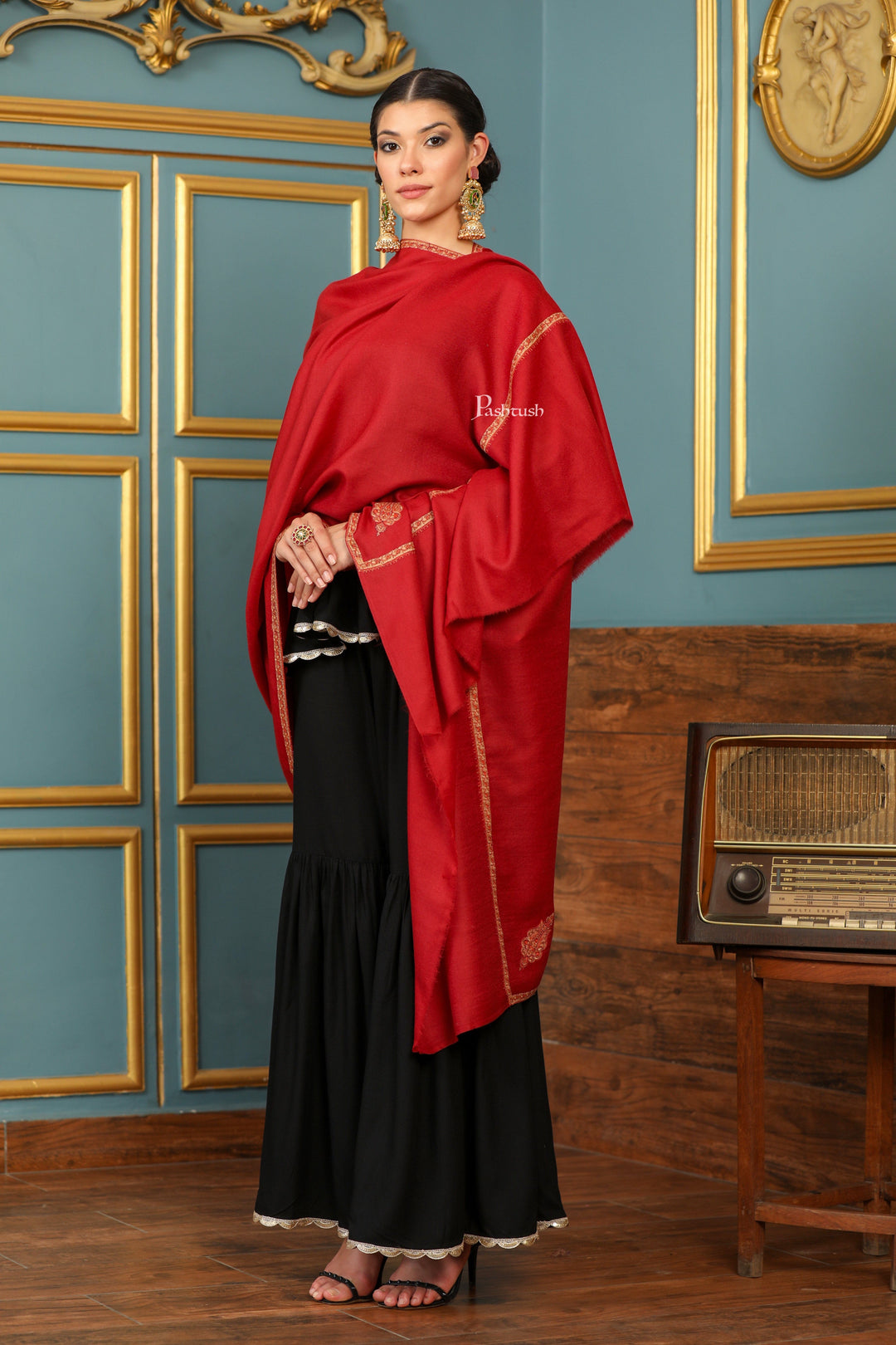 Pashtush India Womens Shawls Pashtush Womens Fine Wool Shawl, Kashmiri Hand Embroidered Kingri Design, Red