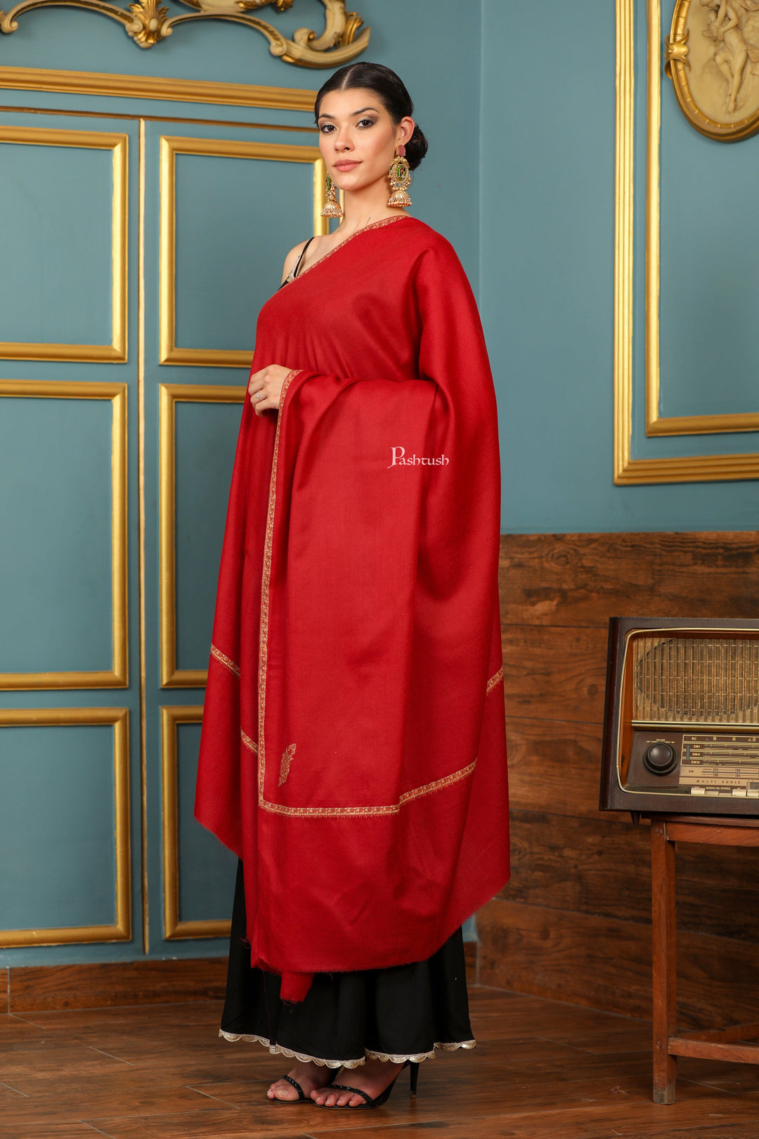 Pashtush India Womens Shawls Pashtush Womens Fine Wool Shawl, Kashmiri Hand Embroidered Kingri Design, Red