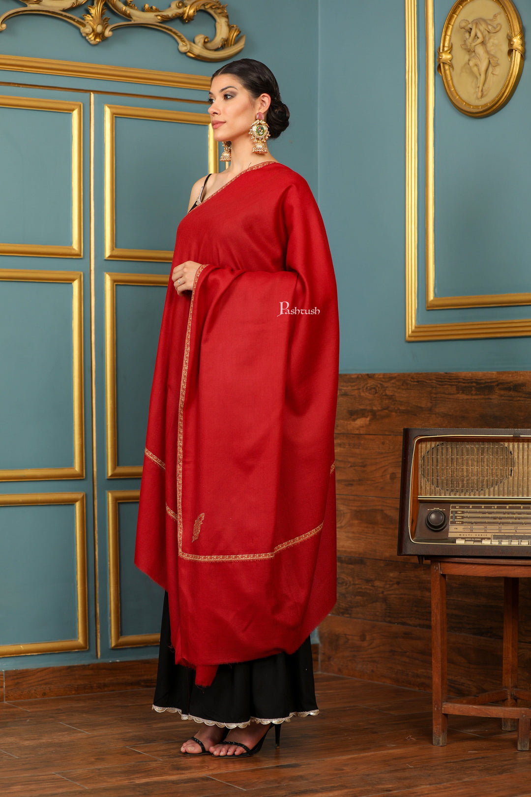 Pashtush India Womens Shawls Pashtush Womens Fine Wool Shawl, Kashmiri Hand Embroidered Kingri Design, Red