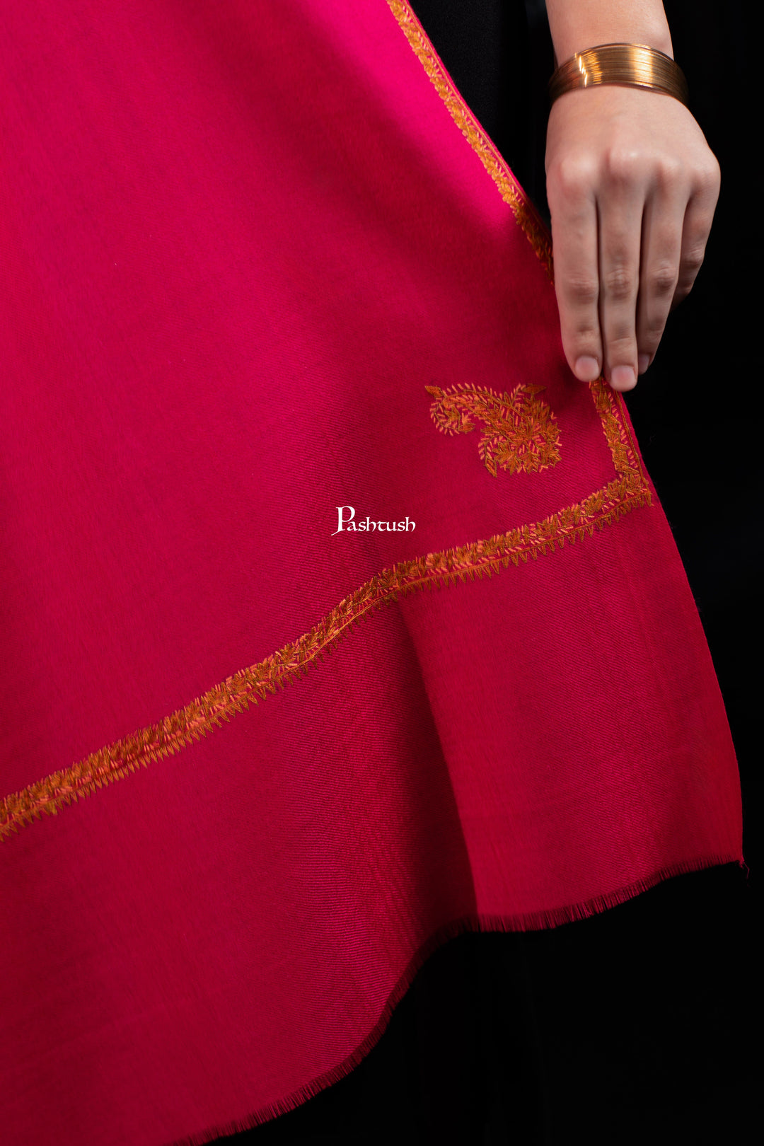 Pashtush India Womens Shawls Pashtush Womens Fine Wool Shawl, Kashmiri Hand Embroidery, Kingri Design, Fuchsia