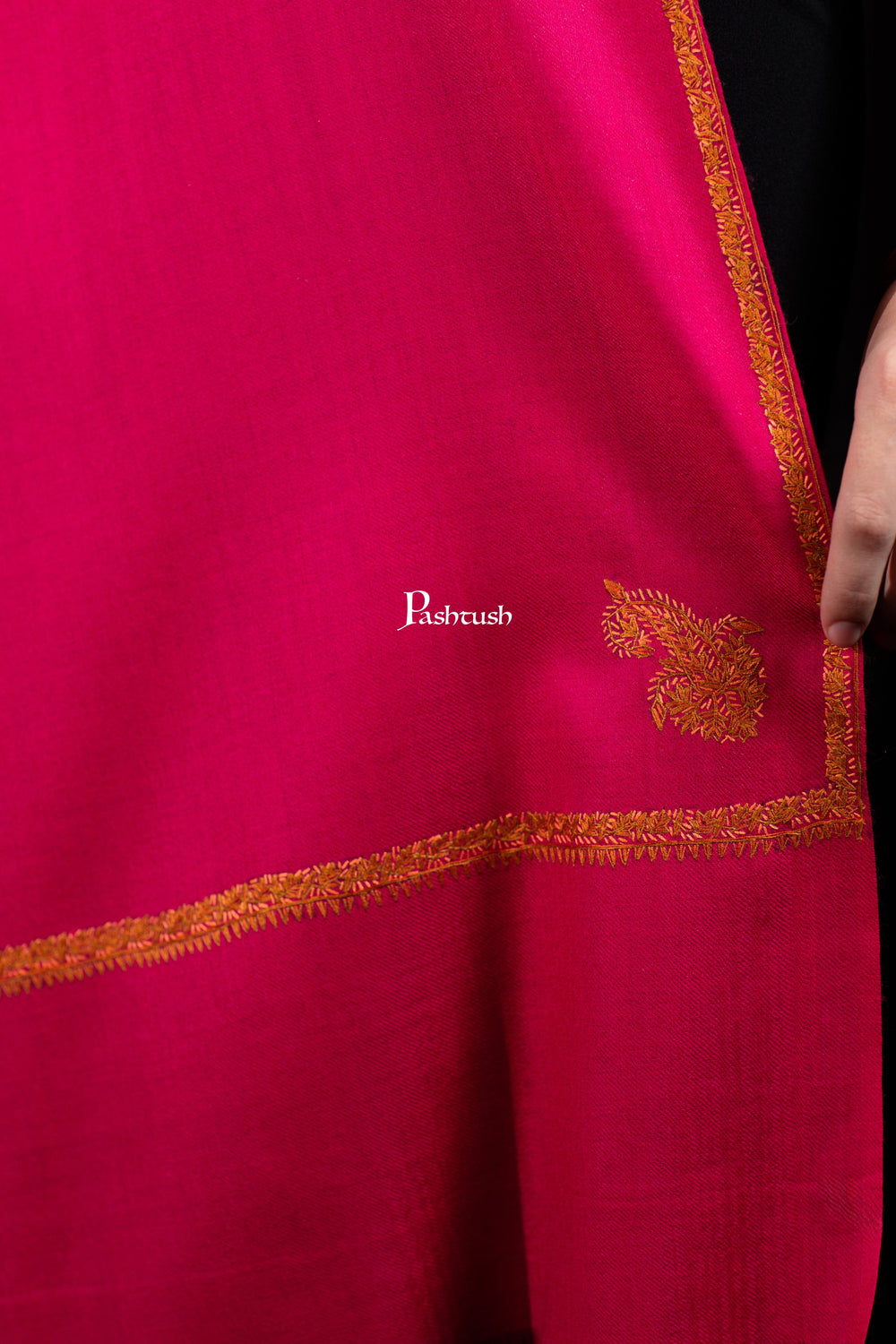 Pashtush India Womens Shawls Pashtush Womens Fine Wool Shawl, Kashmiri Hand Embroidery, Kingri Design, Fuchsia