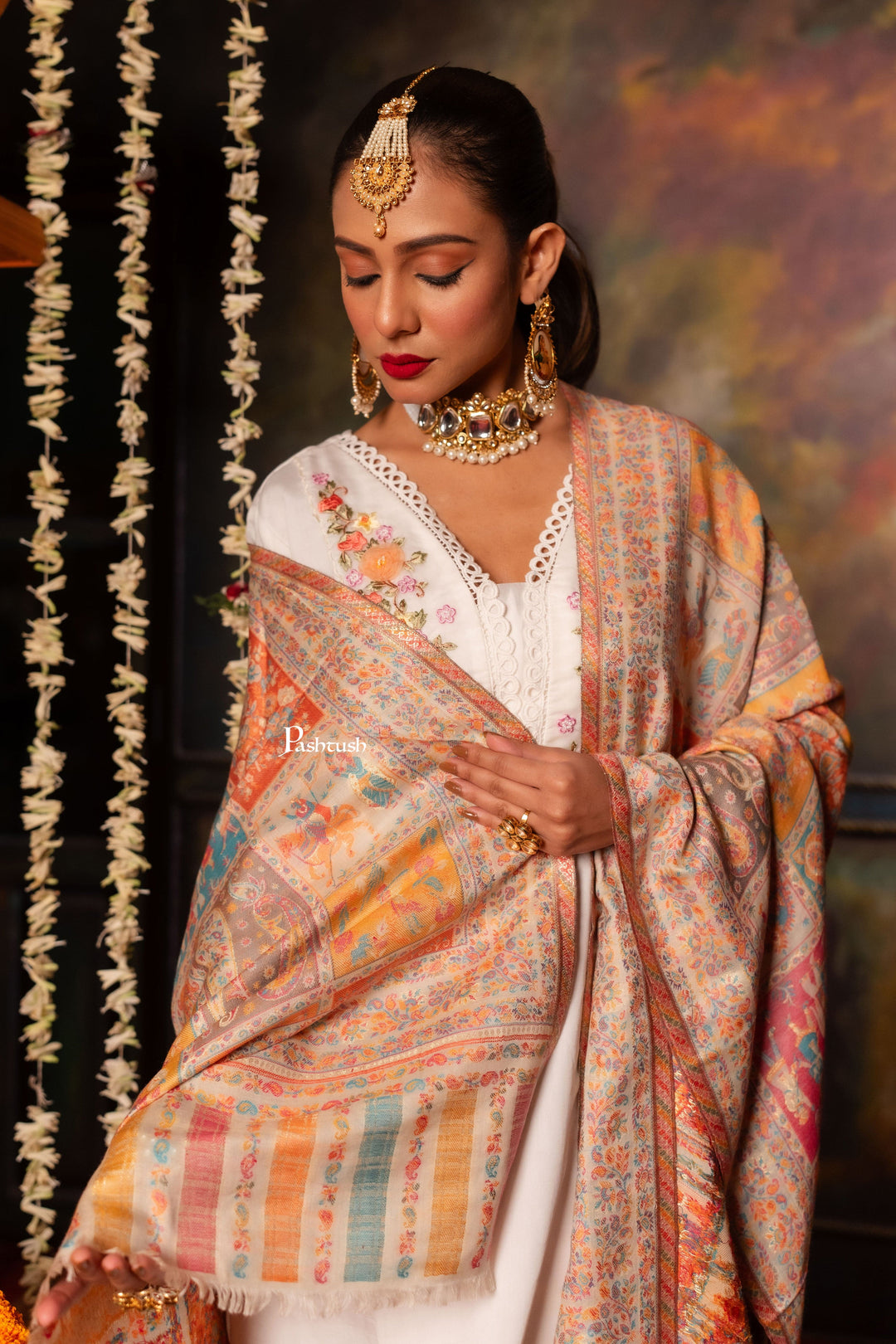 Pashtush India Womens Shawls Pashtush Womens Fine Wool Shawl, Miniature Art Design, Multicolour