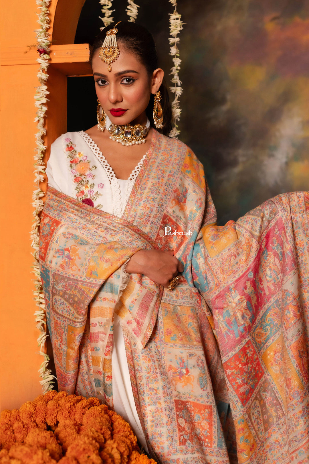 Pashtush India Womens Shawls Pashtush Womens Fine Wool Shawl, Miniature Art Design, Multicolour