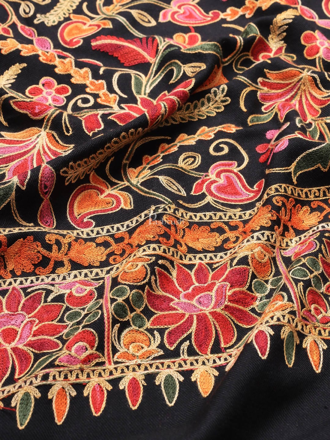 Pashtush India Womens Shawls Pashtush womens Fine Wool shawl, nalki embroidery design, Black
