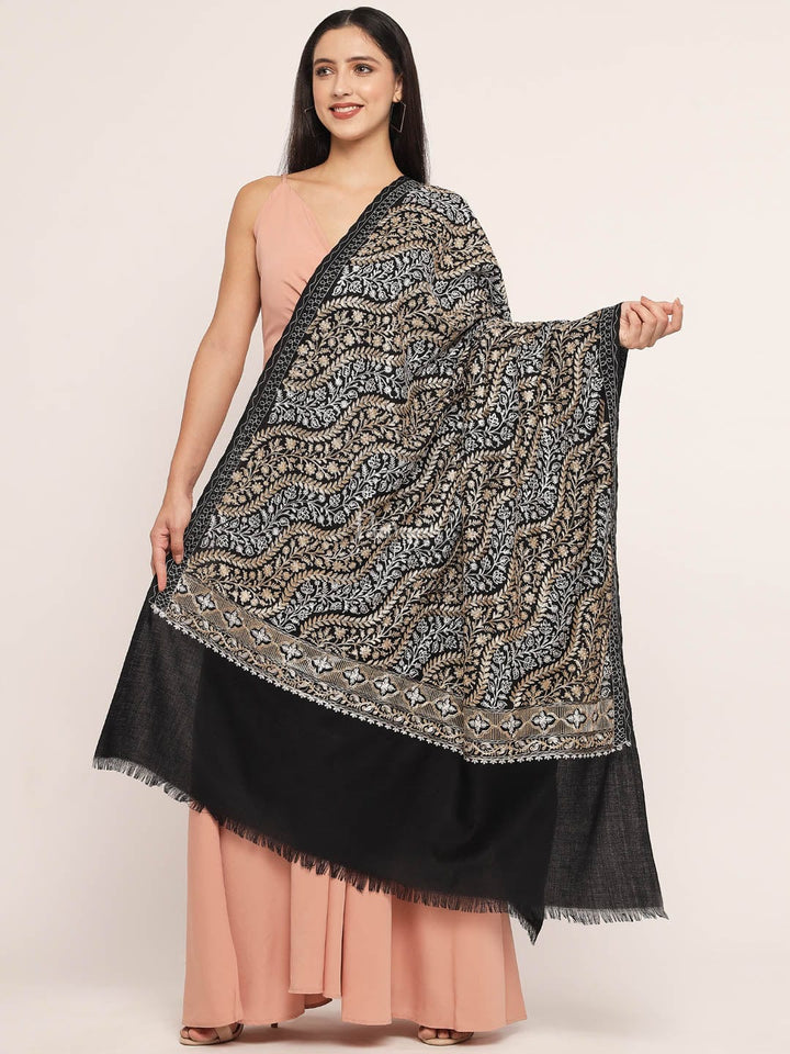 Pashtush India Womens Shawls Pashtush womens Fine Wool shawl, nalki embroidery design, Black