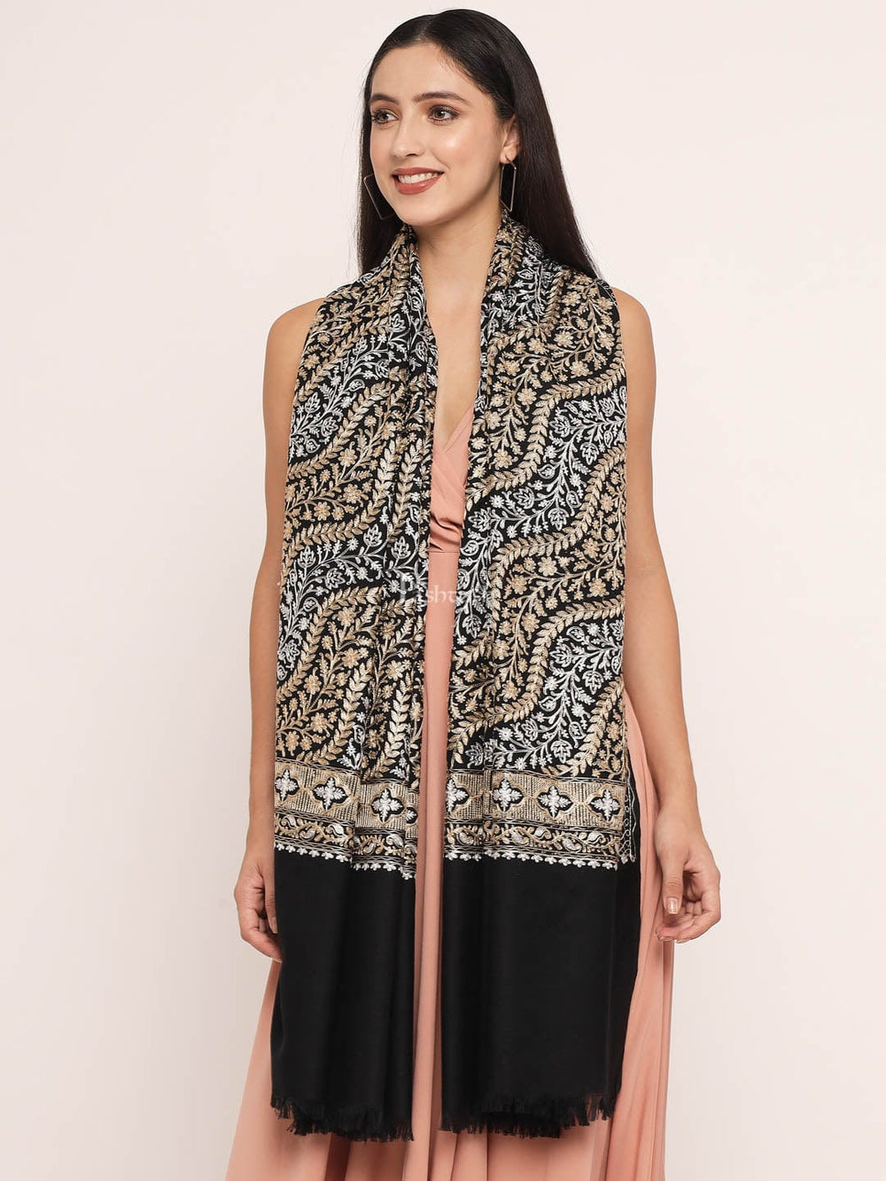 Pashtush India Womens Shawls Pashtush womens Fine Wool shawl, nalki embroidery design, Black