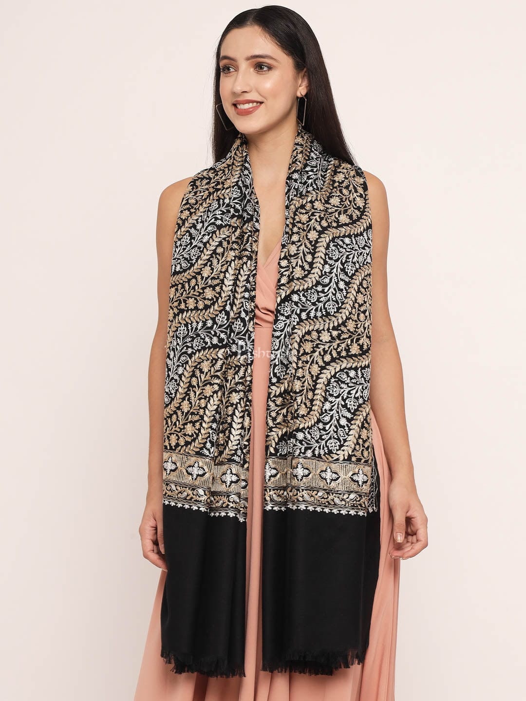 Pashtush India Womens Shawls Pashtush womens Fine Wool shawl, nalki embroidery design, Black