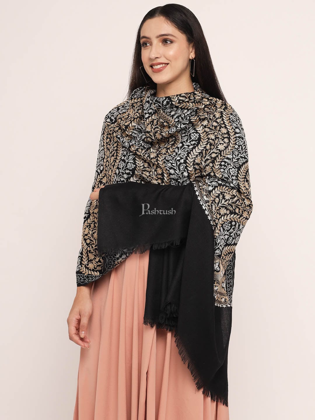 Pashtush India Womens Shawls Pashtush womens Fine Wool shawl, nalki embroidery design, Black