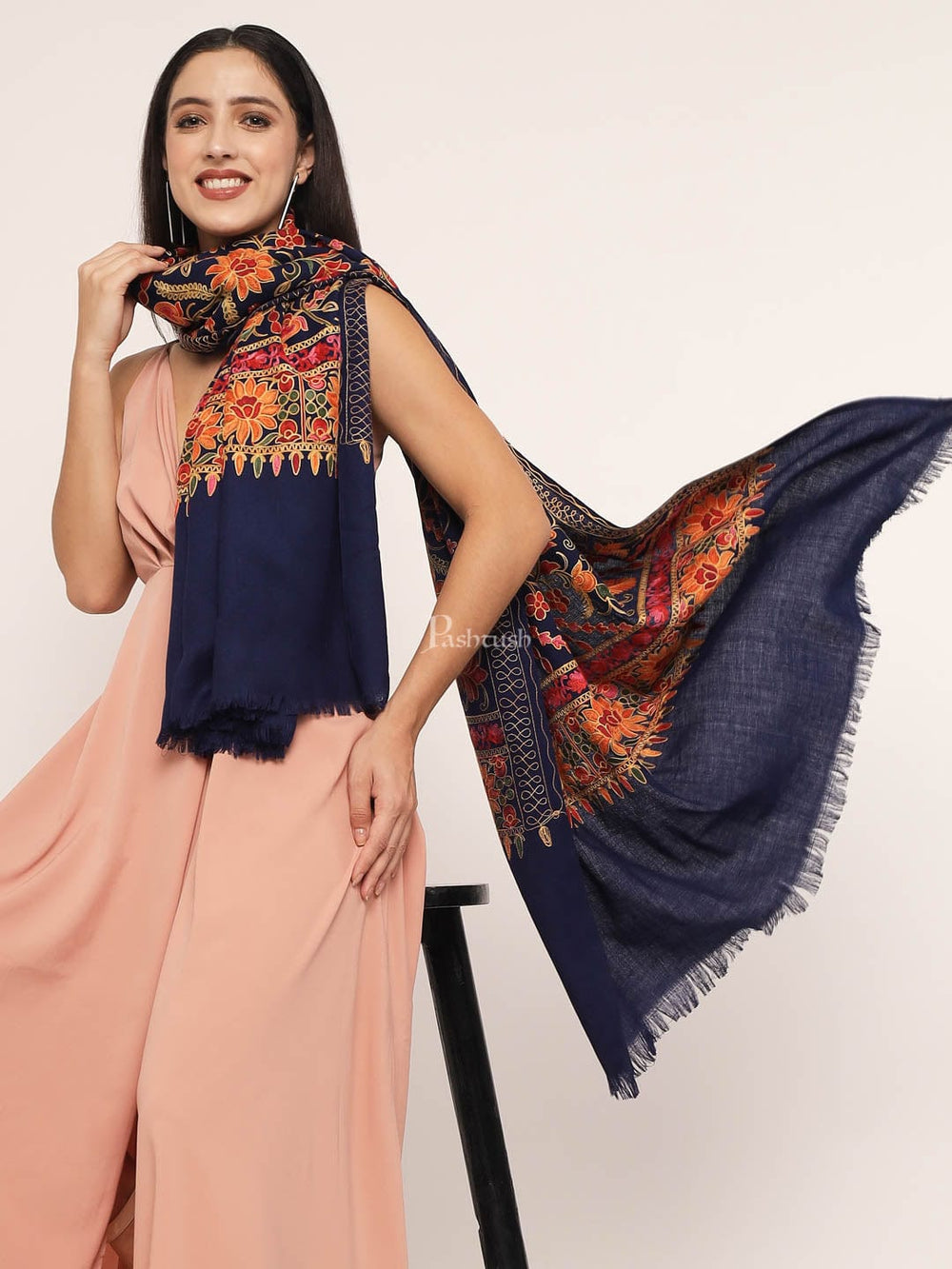 Pashtush India Womens Shawls Pashtush womens Fine Wool shawl, nalki embroidery design, Blue
