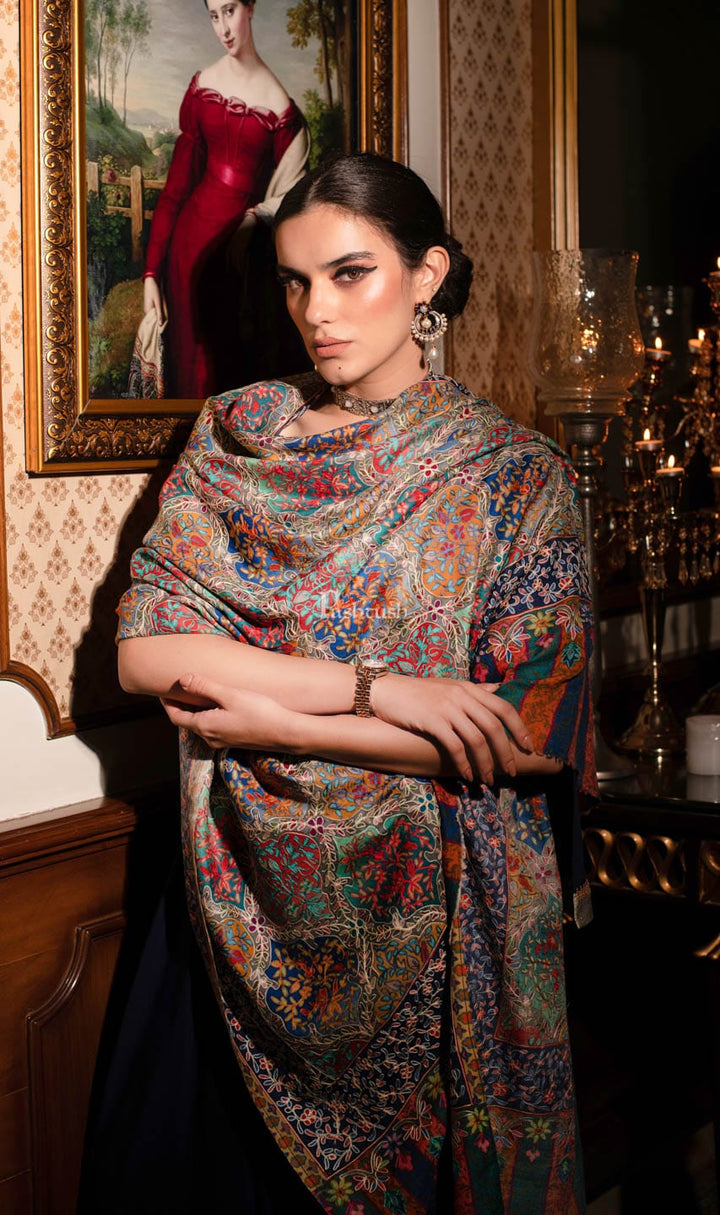 Pashtush India Womens Shawls Pashtush womens Fine Wool shawl, nalki embroidery design, Multicolour