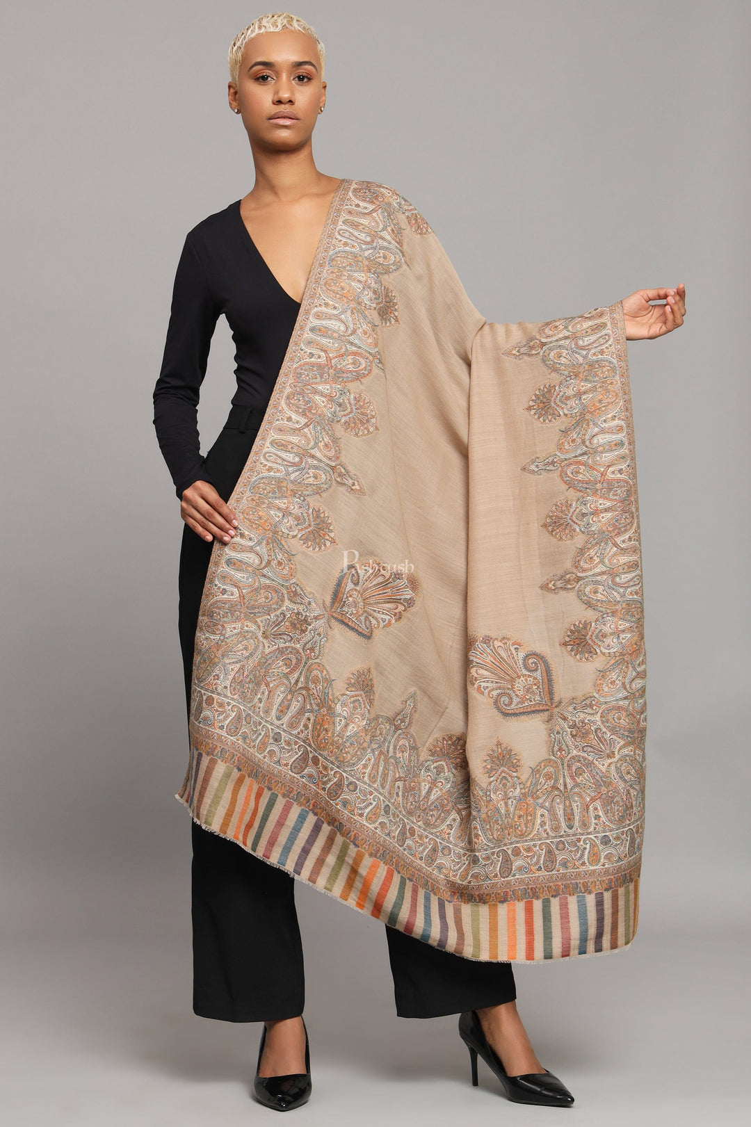 Pashtush India Womens Shawls Pashtush Womens Fine Wool Shawl, Paisley And Border Woven Design, Beige