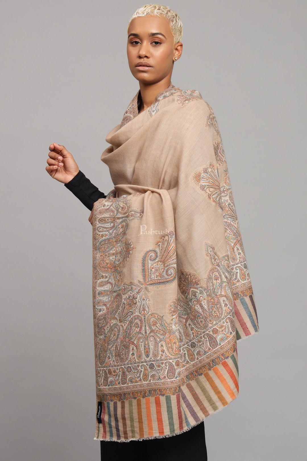 Pashtush India Womens Shawls Pashtush Womens Fine Wool Shawl, Paisley And Border Woven Design, Beige