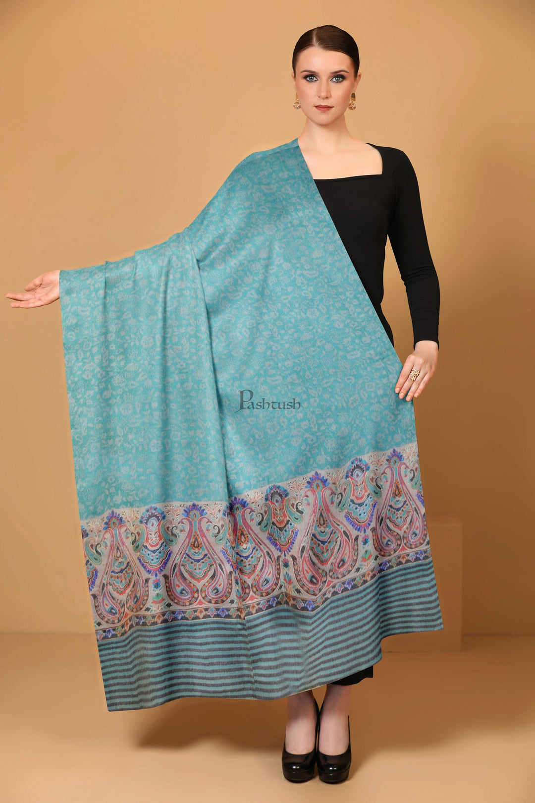 Pashtush India Womens Shawls Pashtush Womens Fine Wool Shawl, Paisley Weave Design , Sea Green