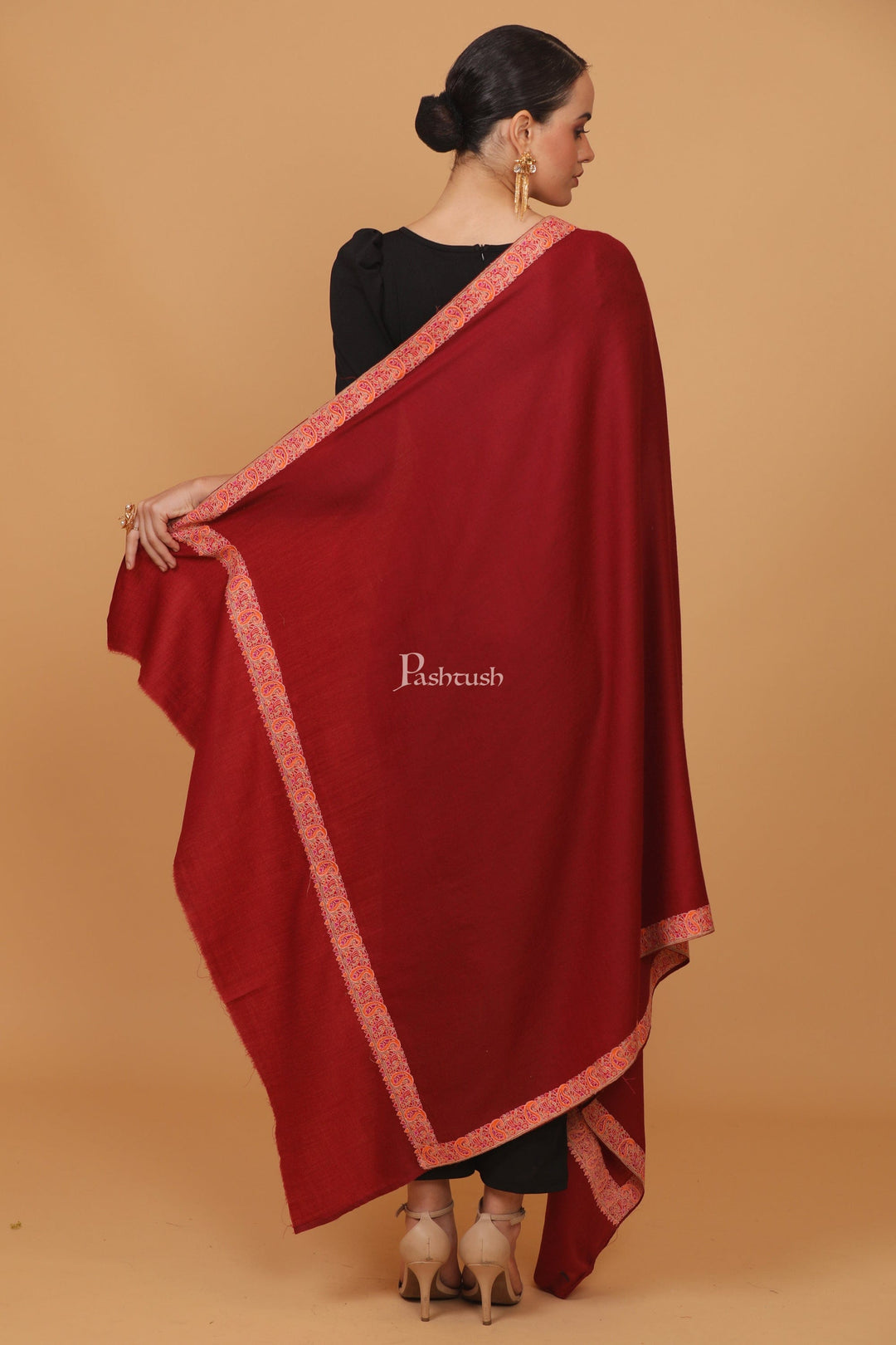 Pashtush India Womens Stoles and Scarves Scarf Pashtush womens Fine Wool shawl, papier mache border design, Maroon